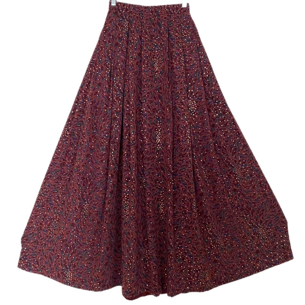 Hanai Yukiko Women Burgundy Geometric Print Sheer Lined Gold Dot Maxi Skirt XXS